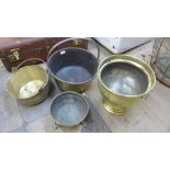 Two brass jam pans and two planters