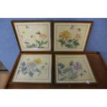 A set of four Japanese paintings on silk, framed