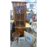 A mahogany freestanding corner cabinet, a tripod wine table, a Royal Marines embroidered fire screen