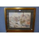 English School, canal scene, watercolour, monogrammed J.L., framed