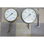 Two vintage pressure gauges and a thermometer