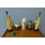 Three Chinese porcelain vases, a scent bottle and a pair of faux ivory figures