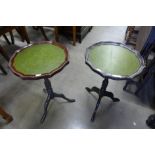 A pair of mahogany and green leather topped tripod wine tables