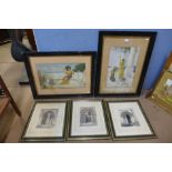 A pair Henry Ryland Pre-Raphaelite style prints and three architectural prints