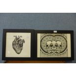 An ink drawing of a tattoo design depicting three skulls, and a print of a heart tattoo design