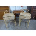 A pair of bamboo and rattan single drawer bedside tables