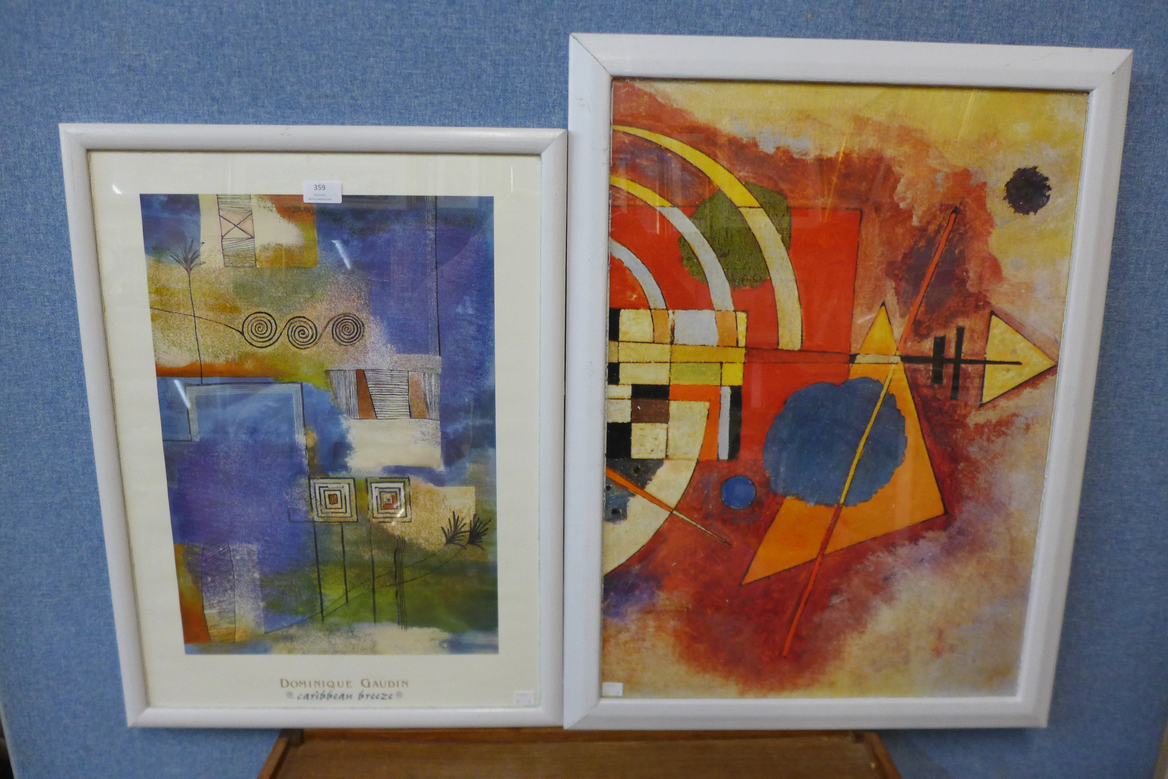A Domonique Gaudin print and another abstract print, framed