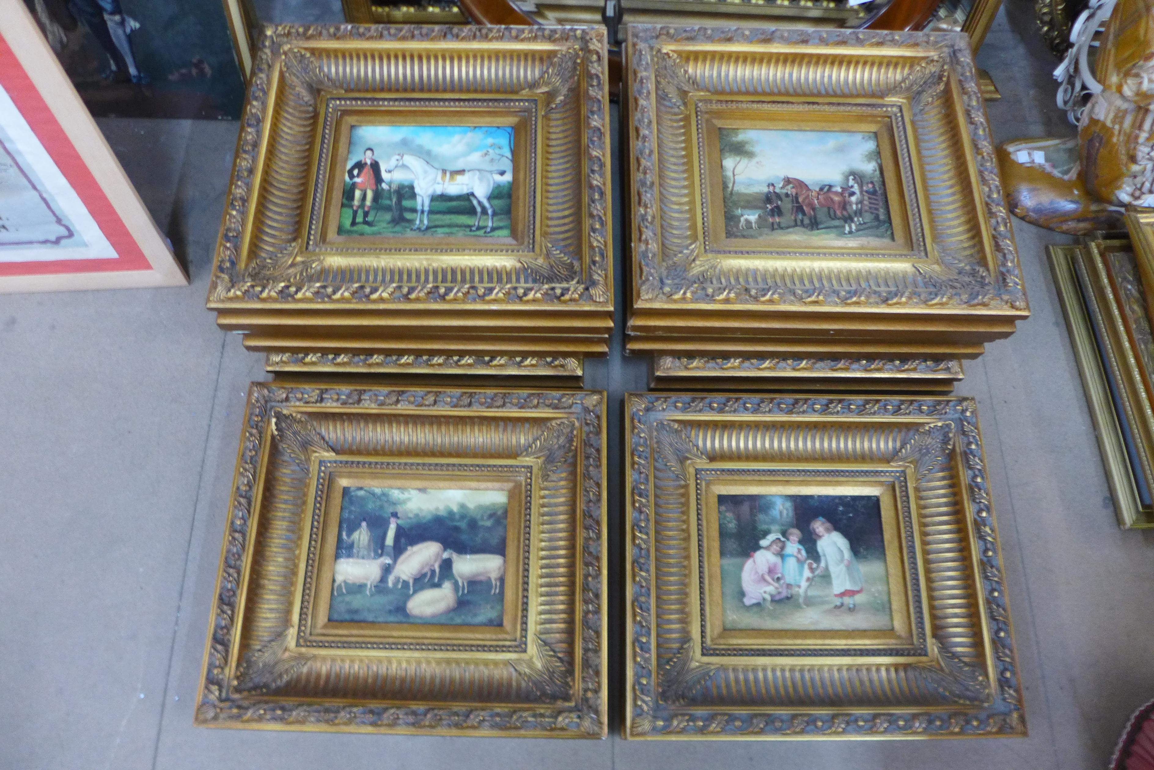 A set of eight 18th/19th Century style oleographs, framed