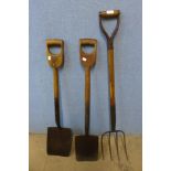 Two vintage elm garden spades and a fork