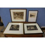 Gertrude Hayes, library with old bookcases, etching and three others
