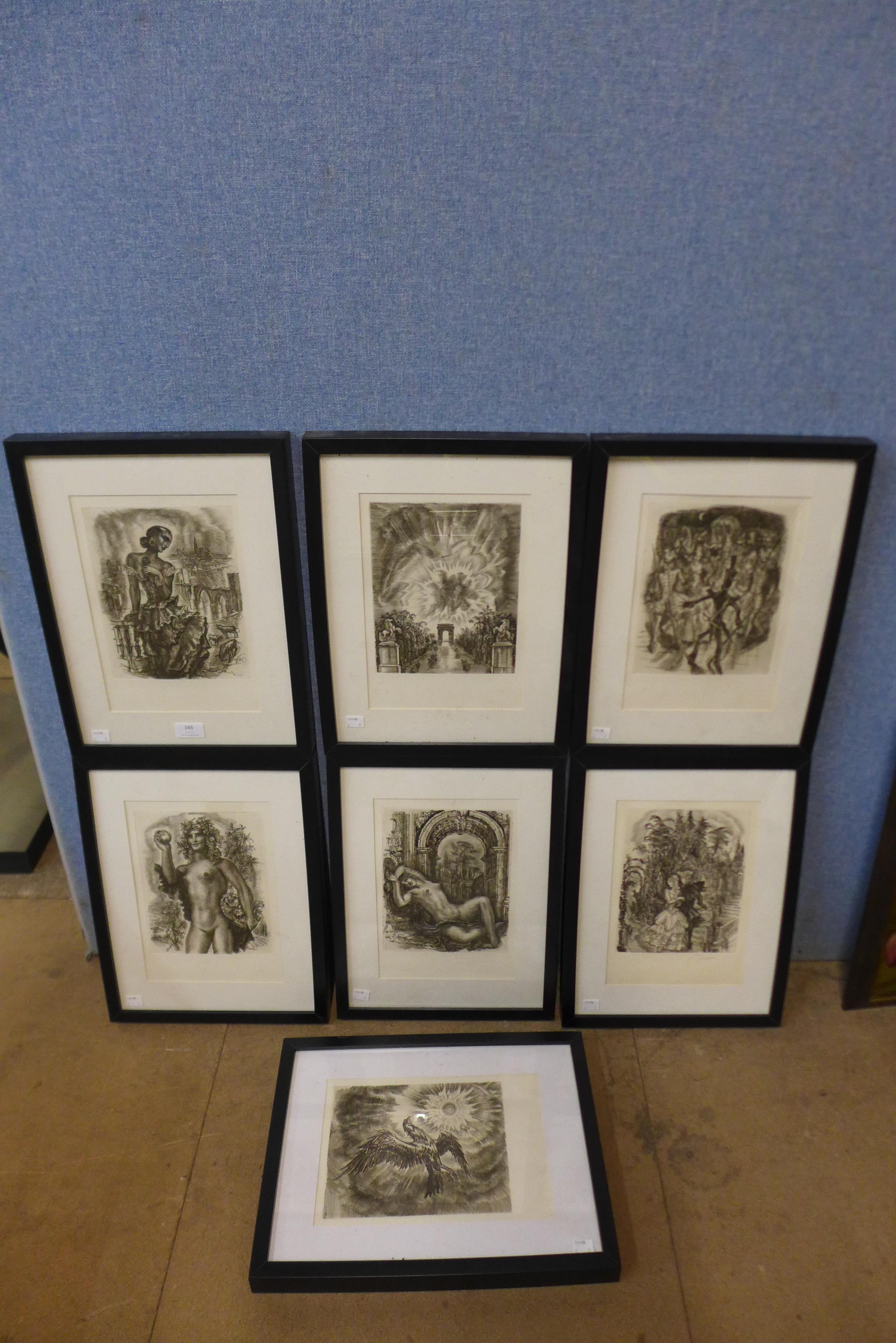 Seven assorted framed etchings