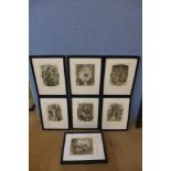 Seven assorted framed etchings