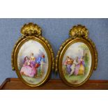 A pair of French style hand painted oval porcelain plaques, depicting romantic scenes, in ormolu