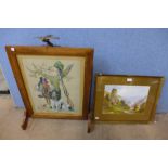 A hunting themed embroidered fire screen and an English School watercolour