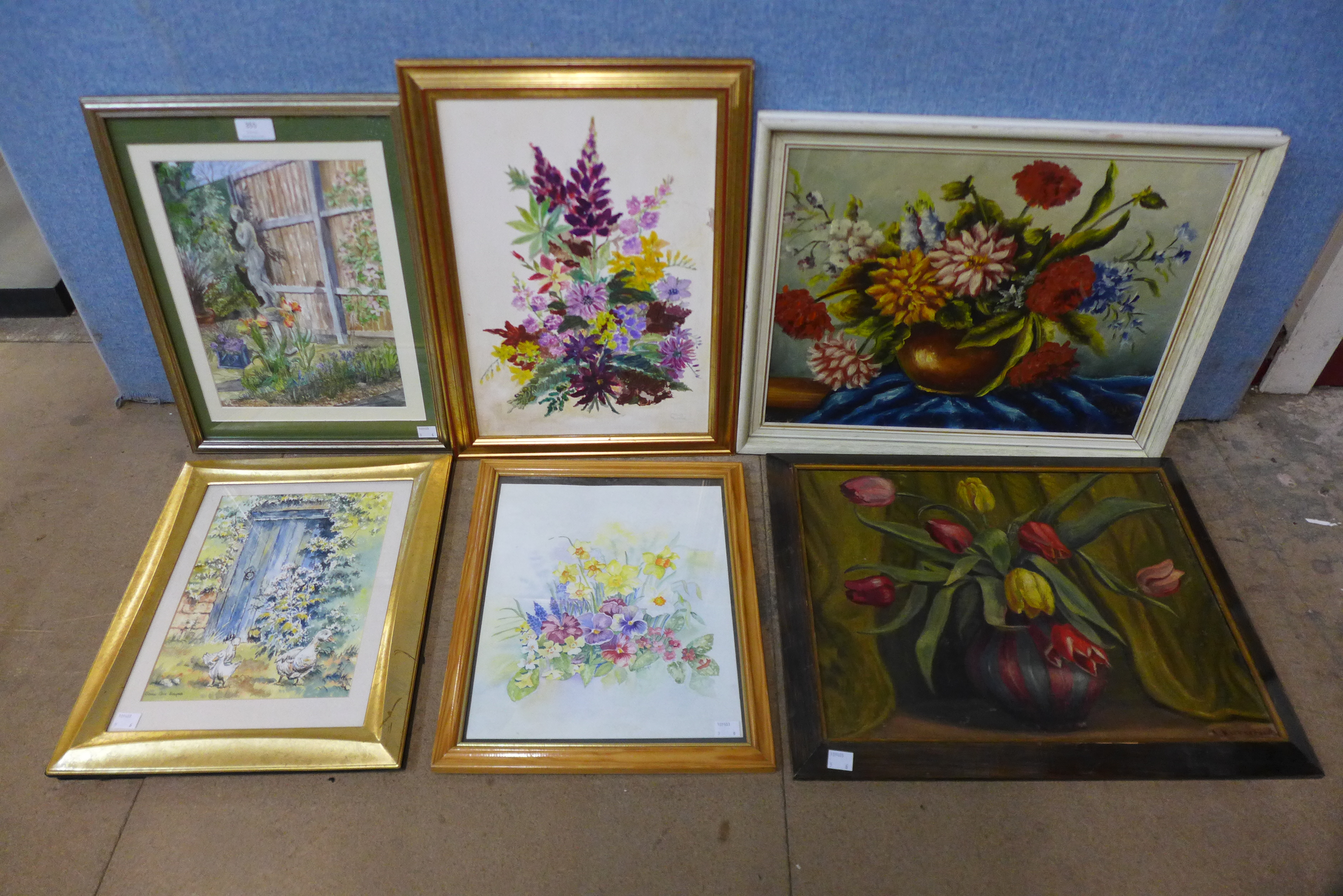 Two still life oils and four watercolours, framed