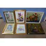 Two still life oils and four watercolours, framed
