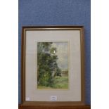 Cecil J. Thornton, rural landscape with workers in a field, watercolour, framed