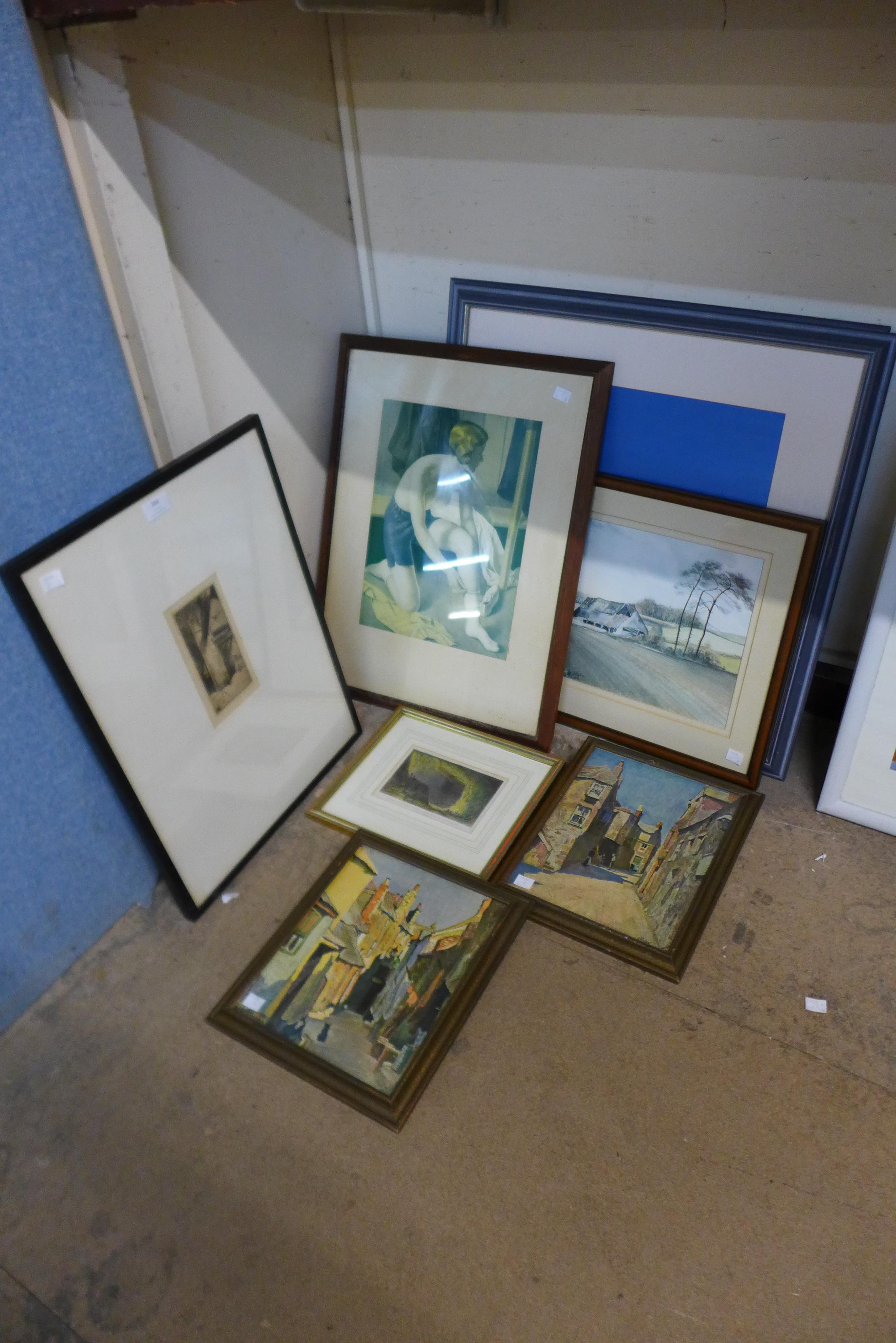 J.A. Park, Newlyn school, pair of oleographs, framed, two James Miller prints, etching, etc.