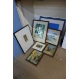 J.A. Park, Newlyn school, pair of oleographs, framed, two James Miller prints, etching, etc.