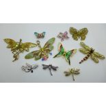 A collection of ten dragonfly and butterfly brooches