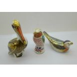 Three Royal Crown Derby paperweights - Hummingbird with gold stopper and box, Bluebird with gold