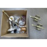 A box of mixed brass, copper and silver plate including two model cannons