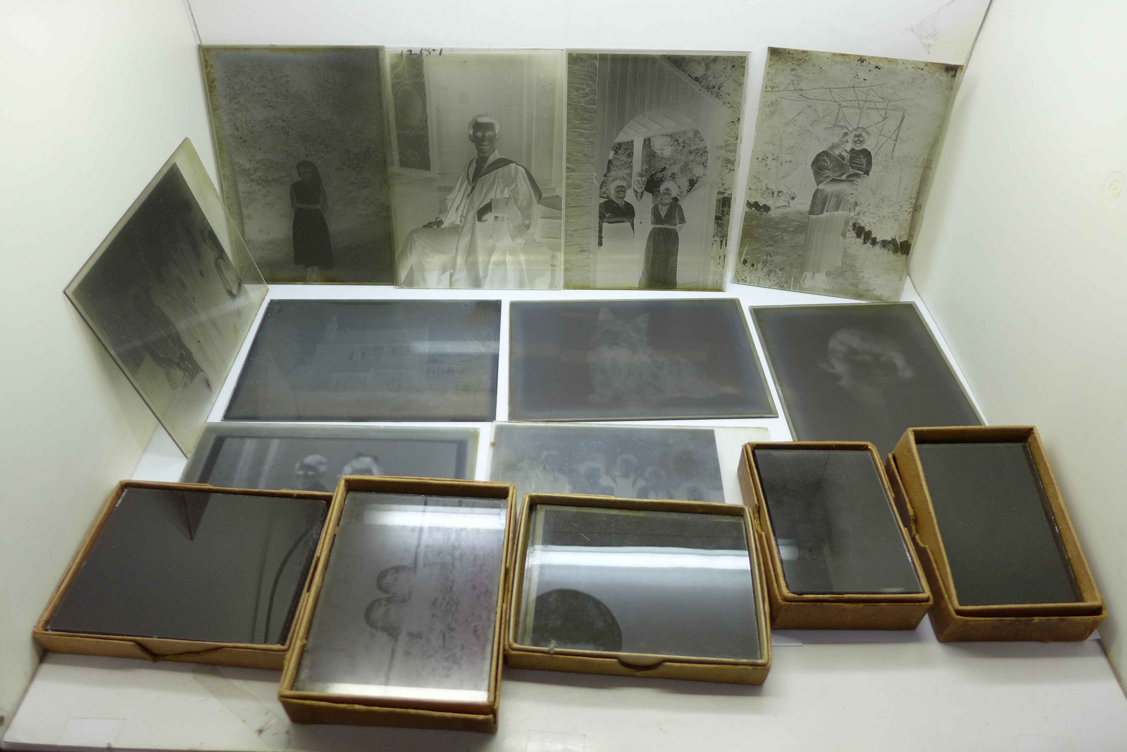 Six boxes of glass plate negatives (sixty plates), Edwardian, various subjects