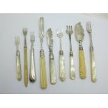 Four silver pickle and marrow forks, two butter knives and two EP forks