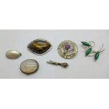 Six silver brooches including malachite and agate