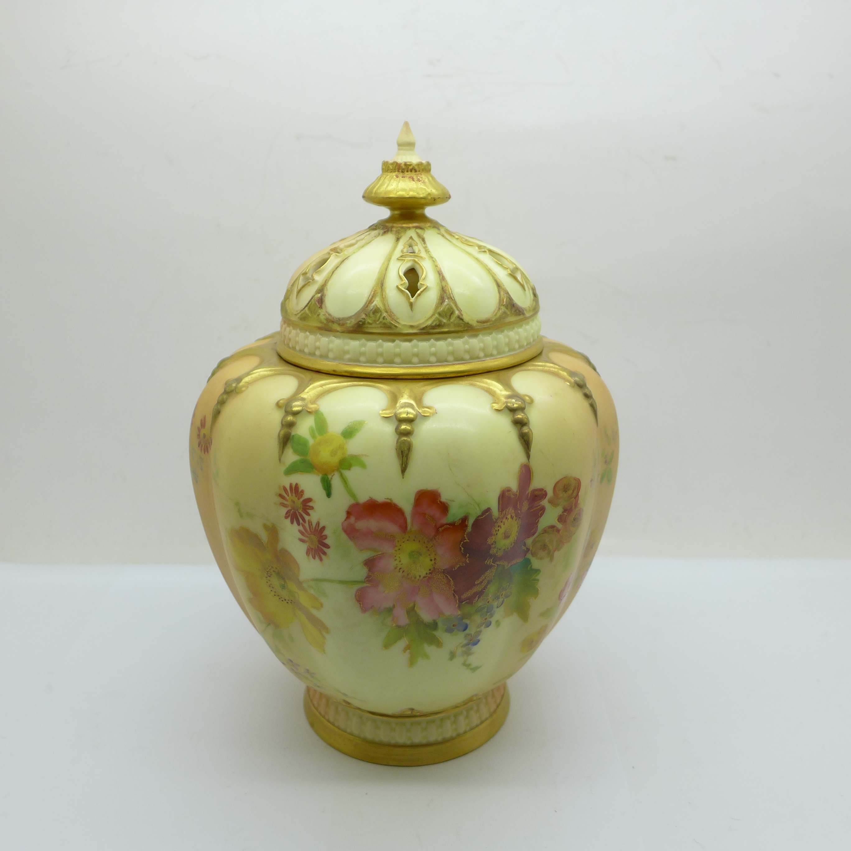 A Royal Worcester blush ivory pot pourri with two covers