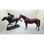 A Beswick horse, small chip on one ear and a resin horse and jockey figure, 'Looking For Position'