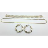 A silver bracelet, a pair of silver earrings, 32g and a plated necklace