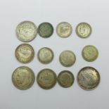 Coins; George V silver coins; 1914, 1931 and 1933 half crowns, 1914 and 1929 florins and seven