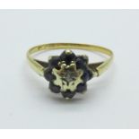 A 9ct gold sapphire and diamond cluster ring, 1.3g, I