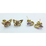 A pair of 9ct gold earrings and one other pair, 2.0g