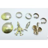 Silver earrings, a ring, etc, 32g