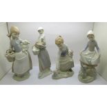 Four Lladro figurines; Girl with Lamb model no. 4835, designer Juan Huerta, Rabbits Food model no.