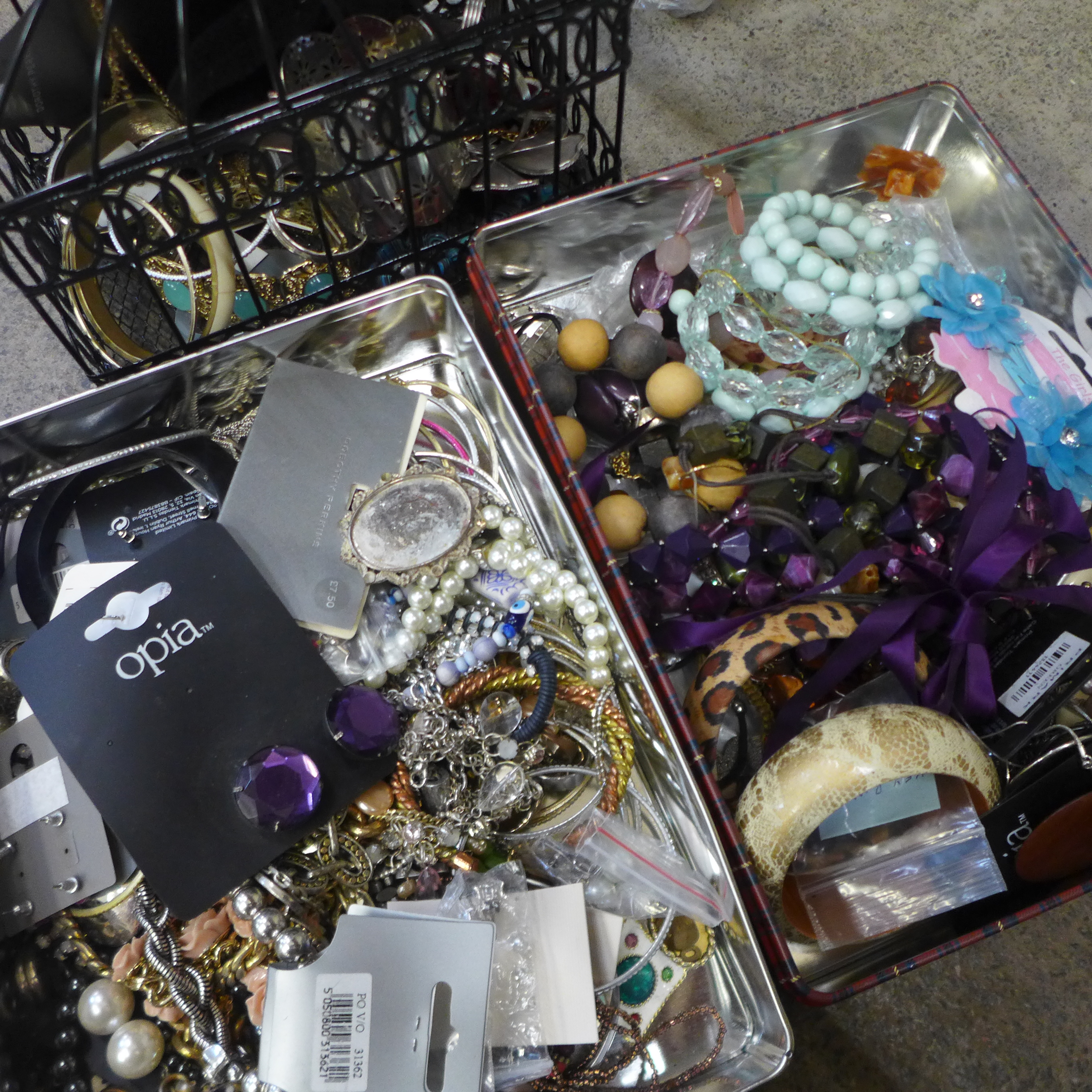 Two tins of costume jewellery and other costume jewellery