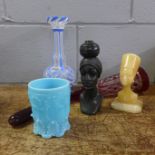 A ruby glass horn, two carvings and two glass vases