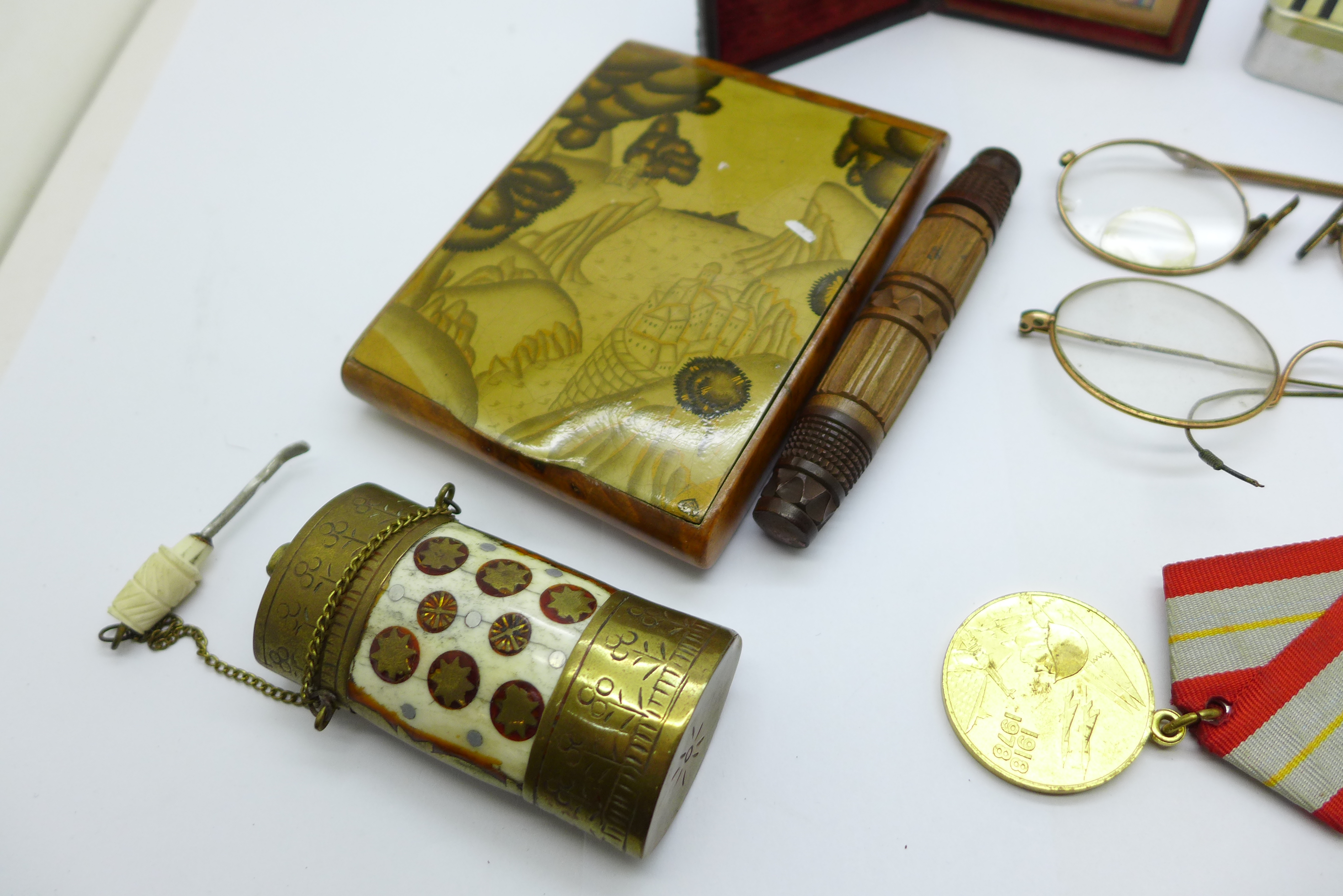 A Japanese cigarette case, a brass scent bottle, spectacles, a Russian medal, etc. - Image 3 of 5