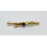 A 9ct gold, sapphire and seed pearl brooch, 2.6g