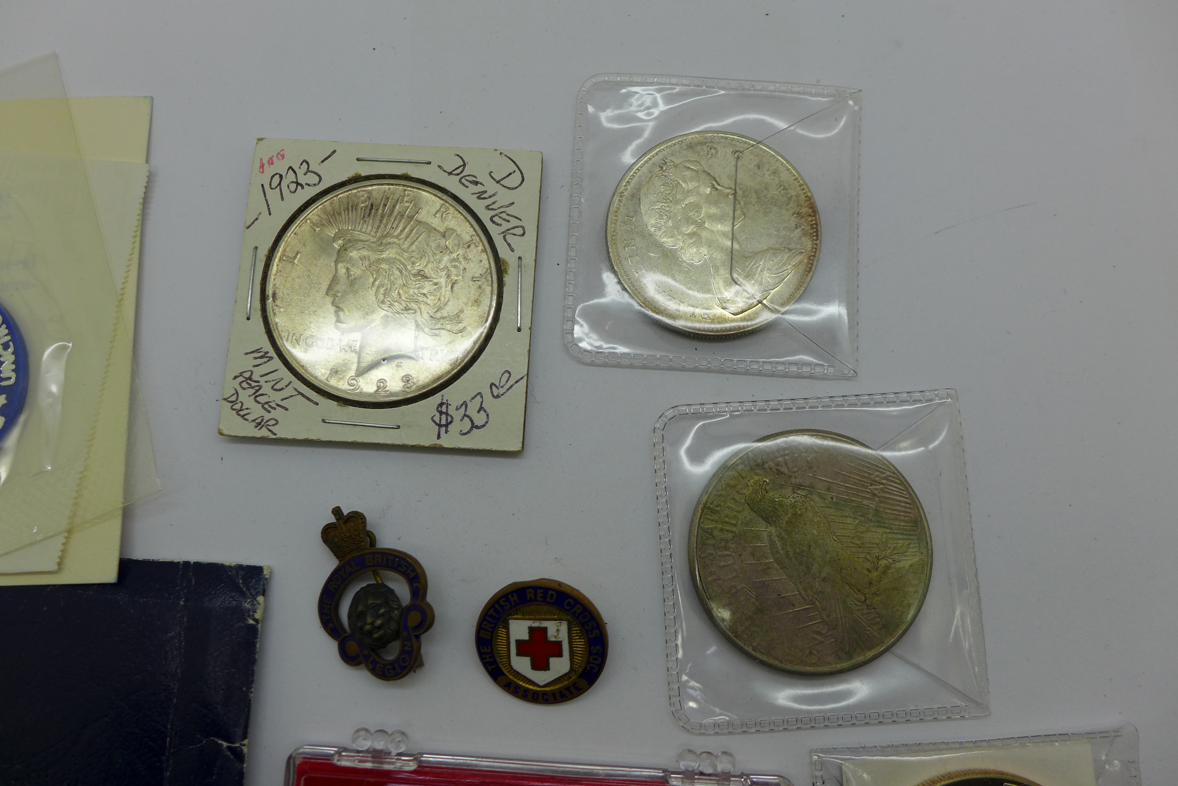 A collection of silver coins, silver dollars (5), a medallion and two enamel badges - Image 2 of 6