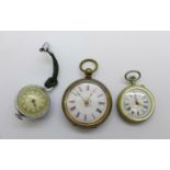 A Mother of Pearl fob watch, enamel dial fob watch and a ball watch
