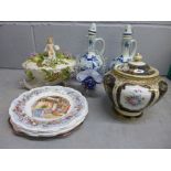 Two delft ewers, one a/f, Royal Doulton Brambley Hedge collector's plates, a Murano glass vase and a