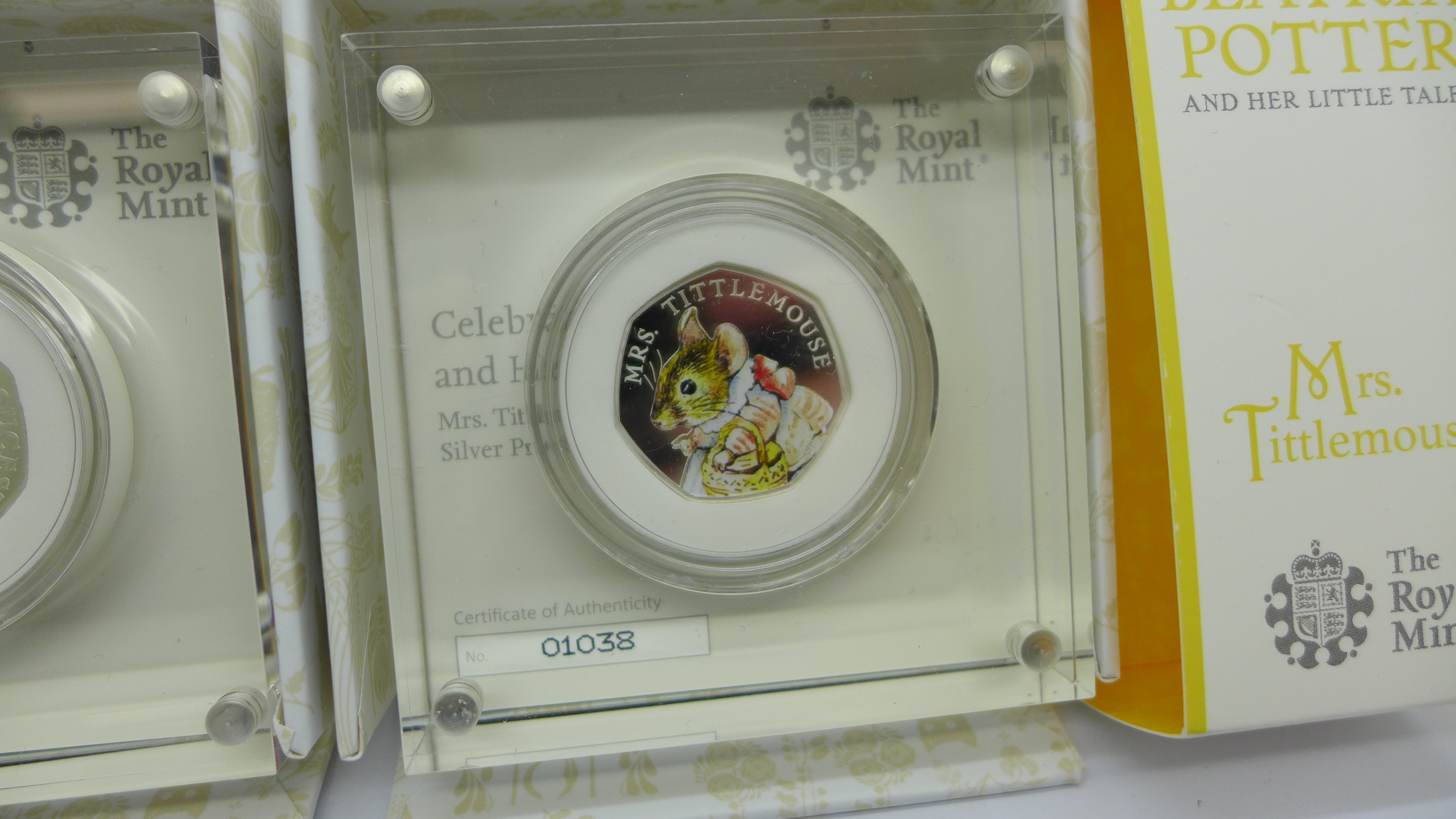 Two Beatrix Potter 50p silver coins, Mrs Tittlemouse and The Tailor of Gloucester, boxed - Image 3 of 3