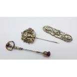 A Charles Horner silver stick pin, one other stick pin and a brooch