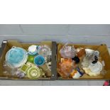 Two boxes of china and coloured glassware including uranium glass