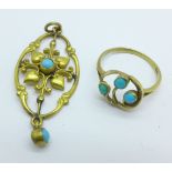 An 18ct gold and turquoise ring, 2.0g, N, and a turquoise set pendant