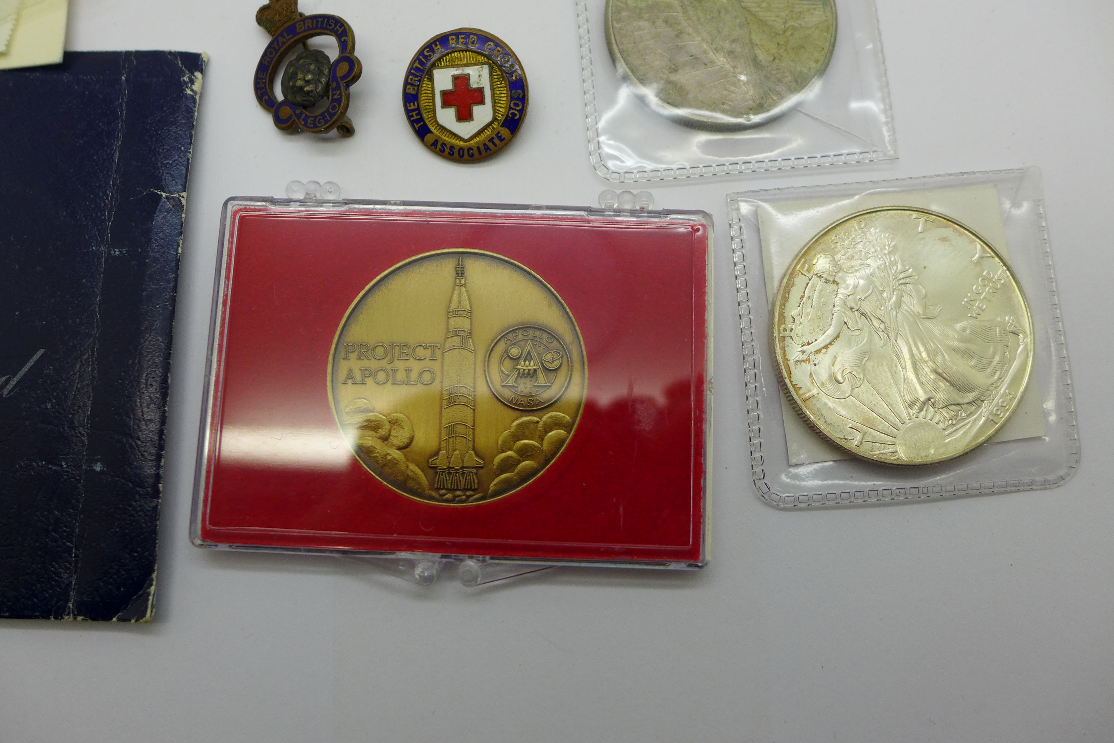 A collection of silver coins, silver dollars (5), a medallion and two enamel badges - Image 3 of 6