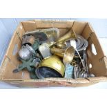 A box of mixed brass, copper and silver plate and a set of kitchen scales and weights